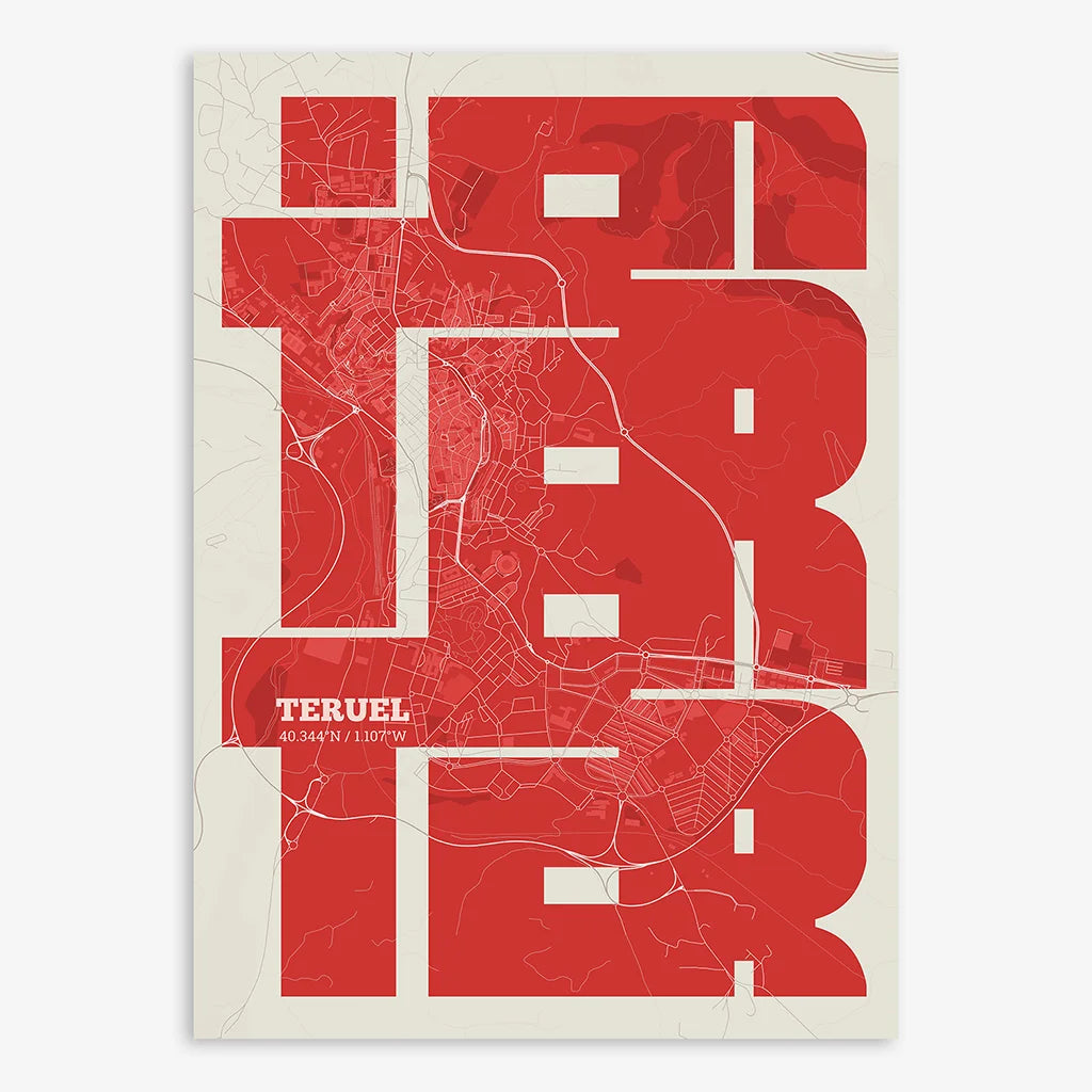 Poster of Teruel composed with letters from its name or IATA code printed on red and an off-white background