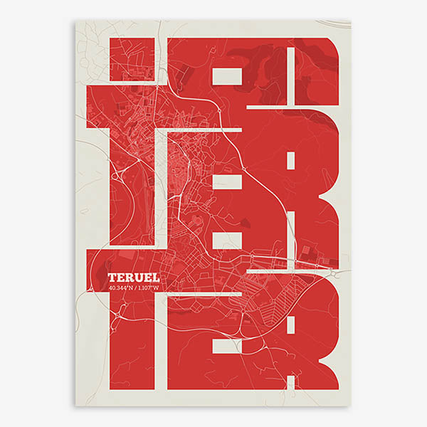 Poster of Teruel composed with letters from its name or IATA code printed on red and an off-white background
