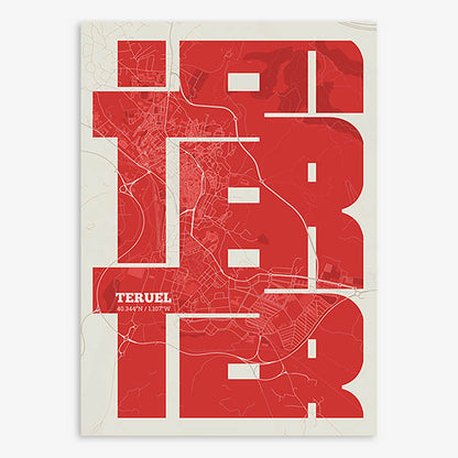 Poster of Teruel composed with letters from its name or IATA code printed on red and an off-white background