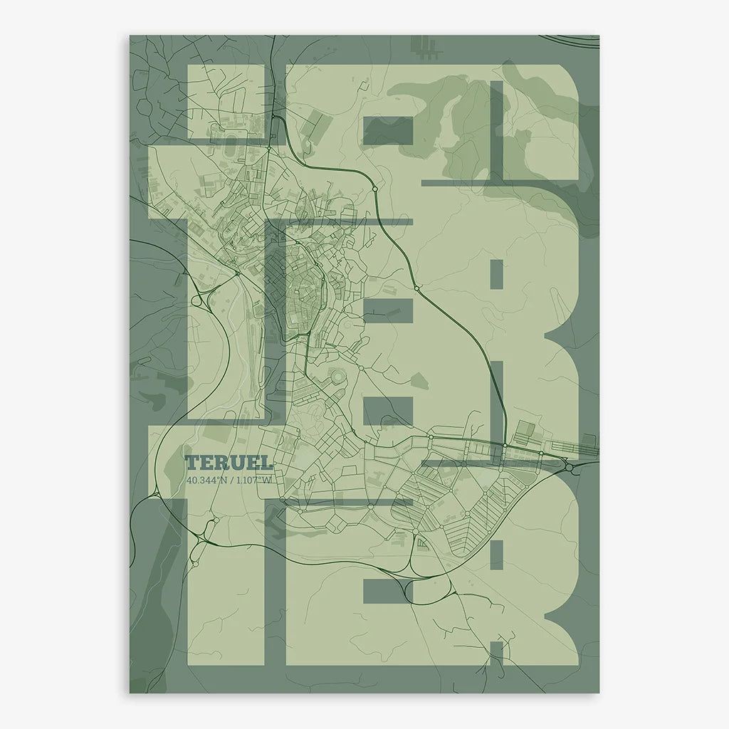 Poster of Teruel composed with letters from its name or IATA code printed on two green tones