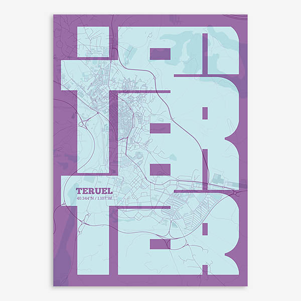 Poster of Teruel composed with letters from its name or IATA code printed on purple and light blue