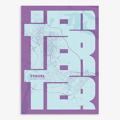 Poster of Teruel composed with letters from its name or IATA code printed on purple and light blue