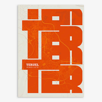 Poster of Teruel composed with letters from its name or IATA code printed on orange and an off-white background