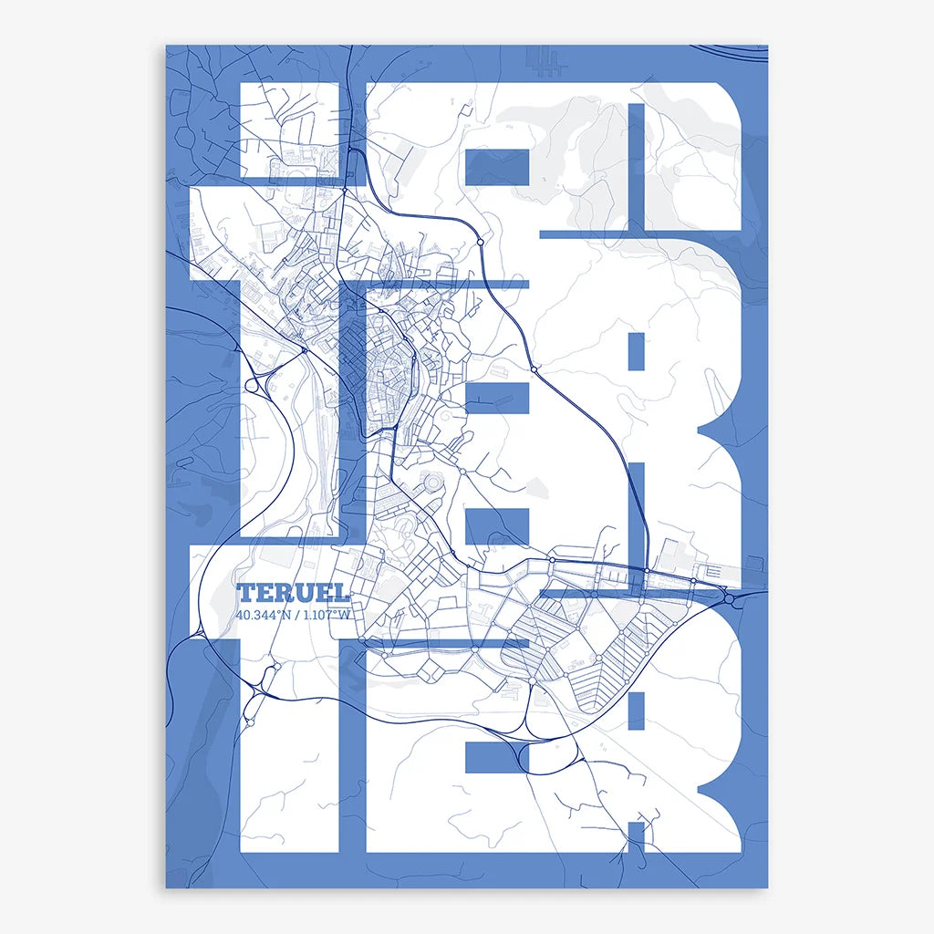 Poster of Teruel composed with letters from its name or IATA code printed on navy blue and white
