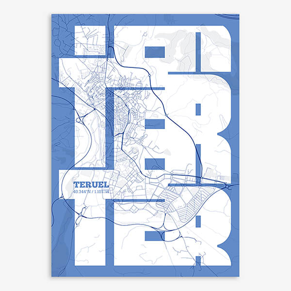 Poster of Teruel composed with letters from its name or IATA code printed on navy blue and white