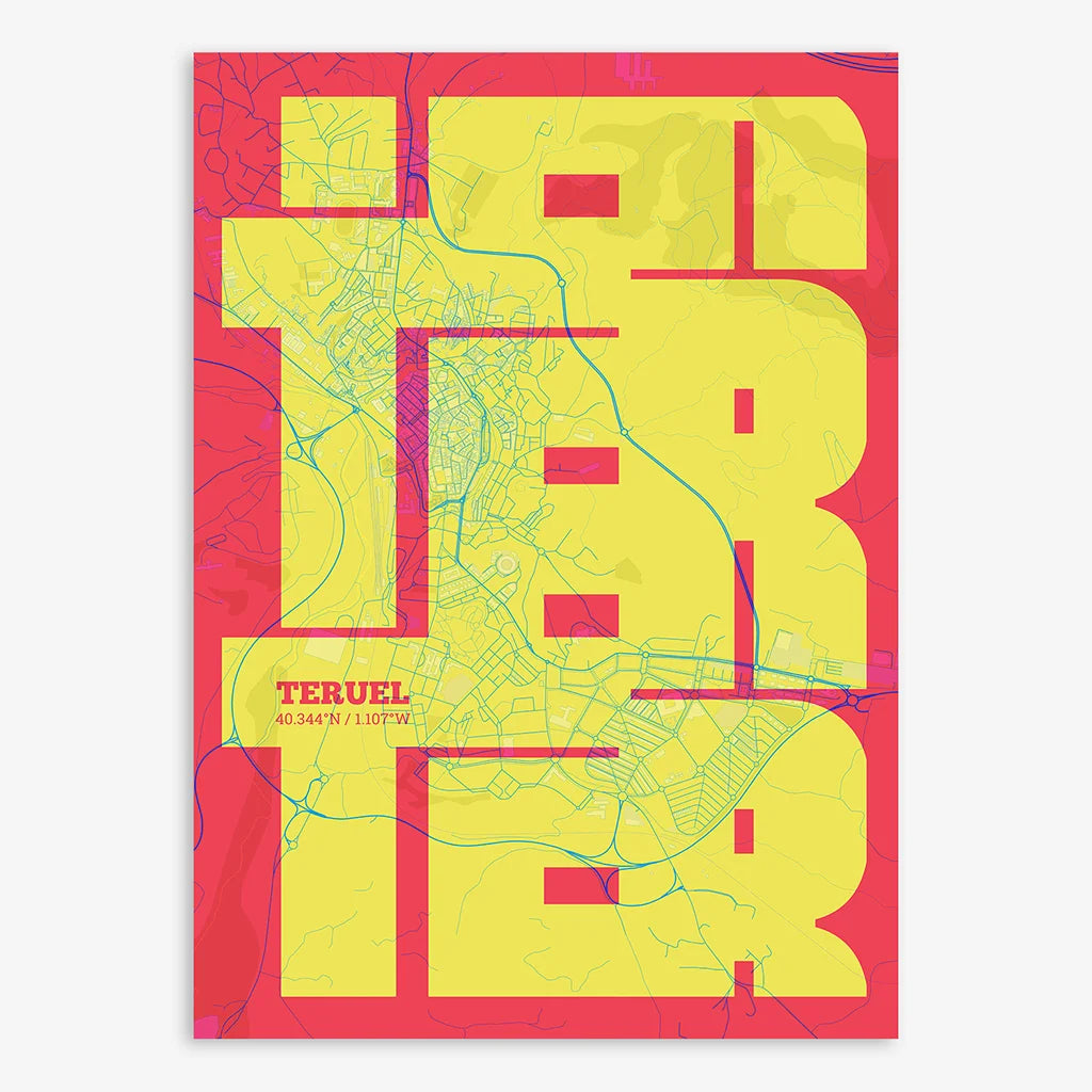 Poster of Teruel composed with letters from its name or IATA code printed on yellow and fuchsia