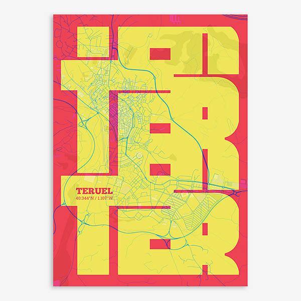 Poster of Teruel composed with letters from its name or IATA code printed on yellow and fuchsia