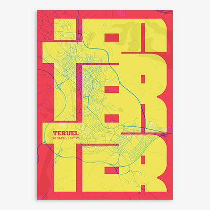 Poster of Teruel composed with letters from its name or IATA code printed on yellow and fuchsia