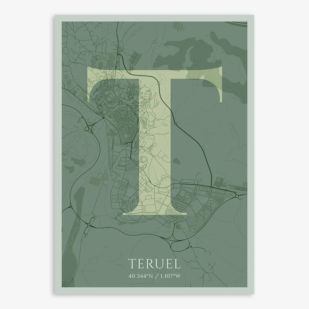 Decorative map of Teruel composed with letters in serif font printed on two green tones