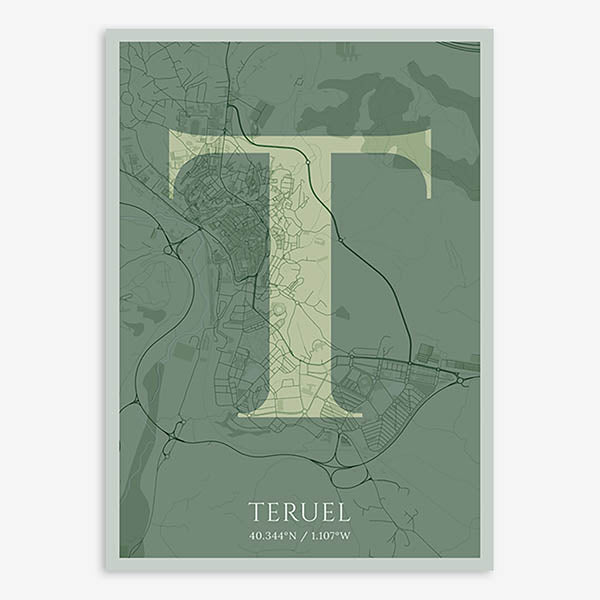 Decorative map of Teruel composed with letters in serif font printed on two green tones