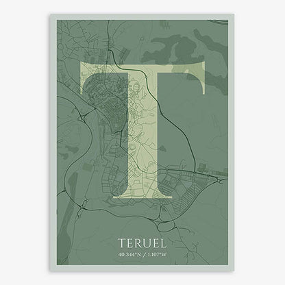 Decorative map of Teruel composed with letters in serif font printed on two green tones