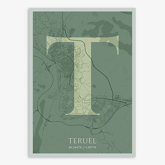 Decorative map of Teruel composed with letters in serif font printed on two green tones