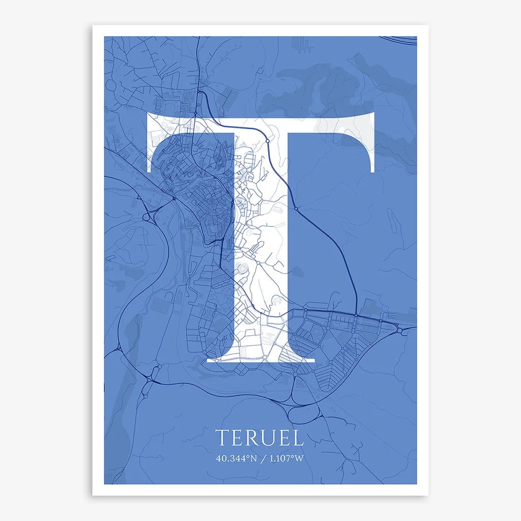 Decorative map of Teruel composed with letters in serif font printed on navy blue and white