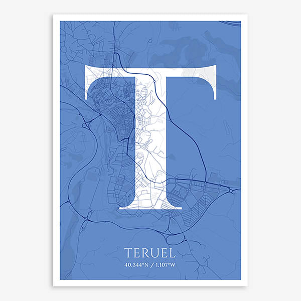 Decorative map of Teruel composed with letters in serif font printed on navy blue and white