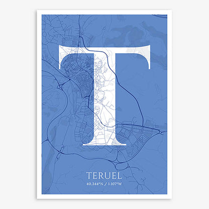 Decorative map of Teruel composed with letters in serif font printed on navy blue and white
