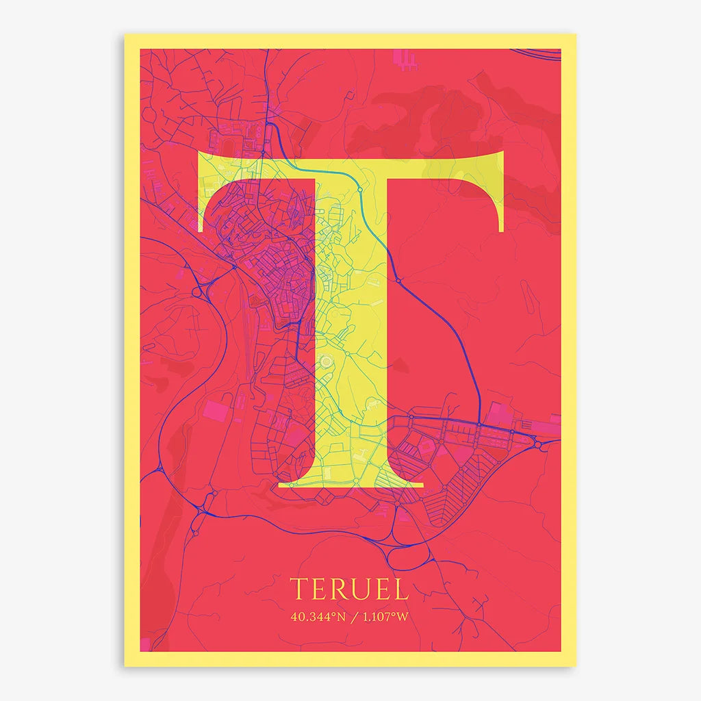 Decorative map of Teruel composed with letters in serif font printed on yellow and fuchsia