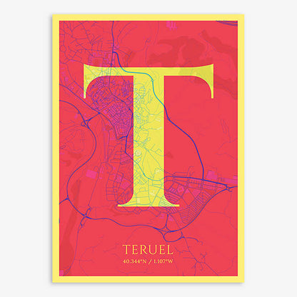 Decorative map of Teruel composed with letters in serif font printed on yellow and fuchsia