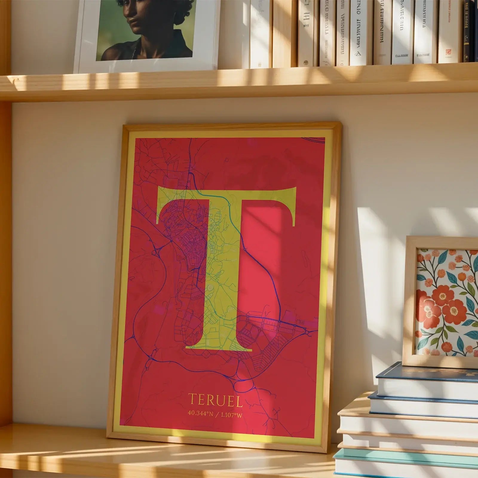 Modern interior design with a Teruel in Classic design, inspired by chiseled typography with an elegant font that creates a beautiful visual contrast designed in yellow and fuchsia, displayed on a living room wall