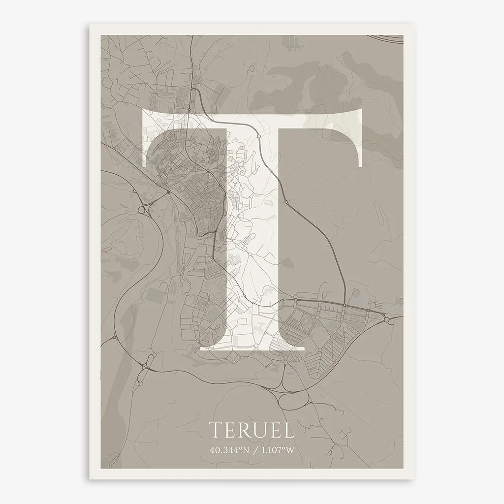 Decorative map of Teruel composed with letters in serif font printed on light brown and an off-white background