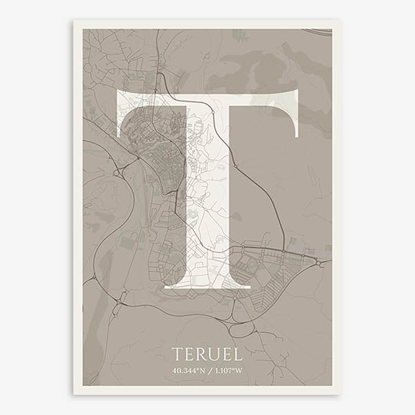 Decorative map of Teruel composed with letters in serif font printed on light brown and an off-white background