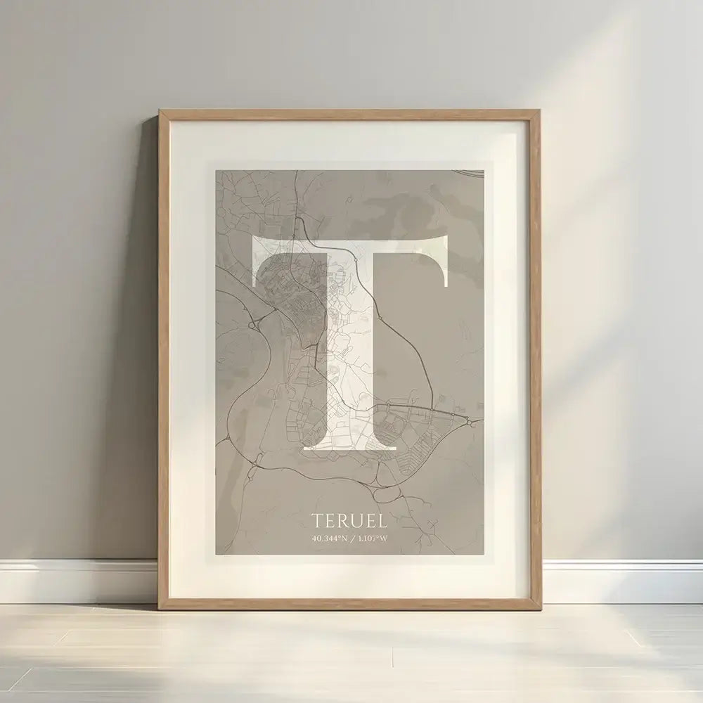 Framed Teruel in Classic design, inspired by chiseled typography with an elegant font that creates a beautiful visual contrast designed in light brown and an off-white background with a white margin border in a warm lit minimalist setting