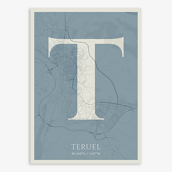 Decorative map of Teruel composed with letters in serif font printed on bluish gray and an off-white background
