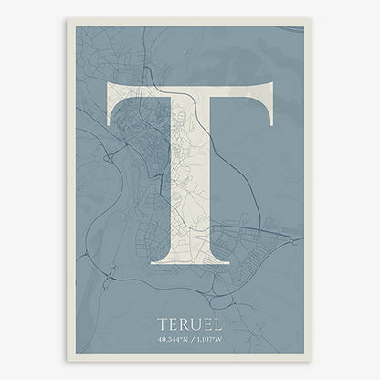 Decorative map of Teruel composed with letters in serif font printed on bluish gray and an off-white background