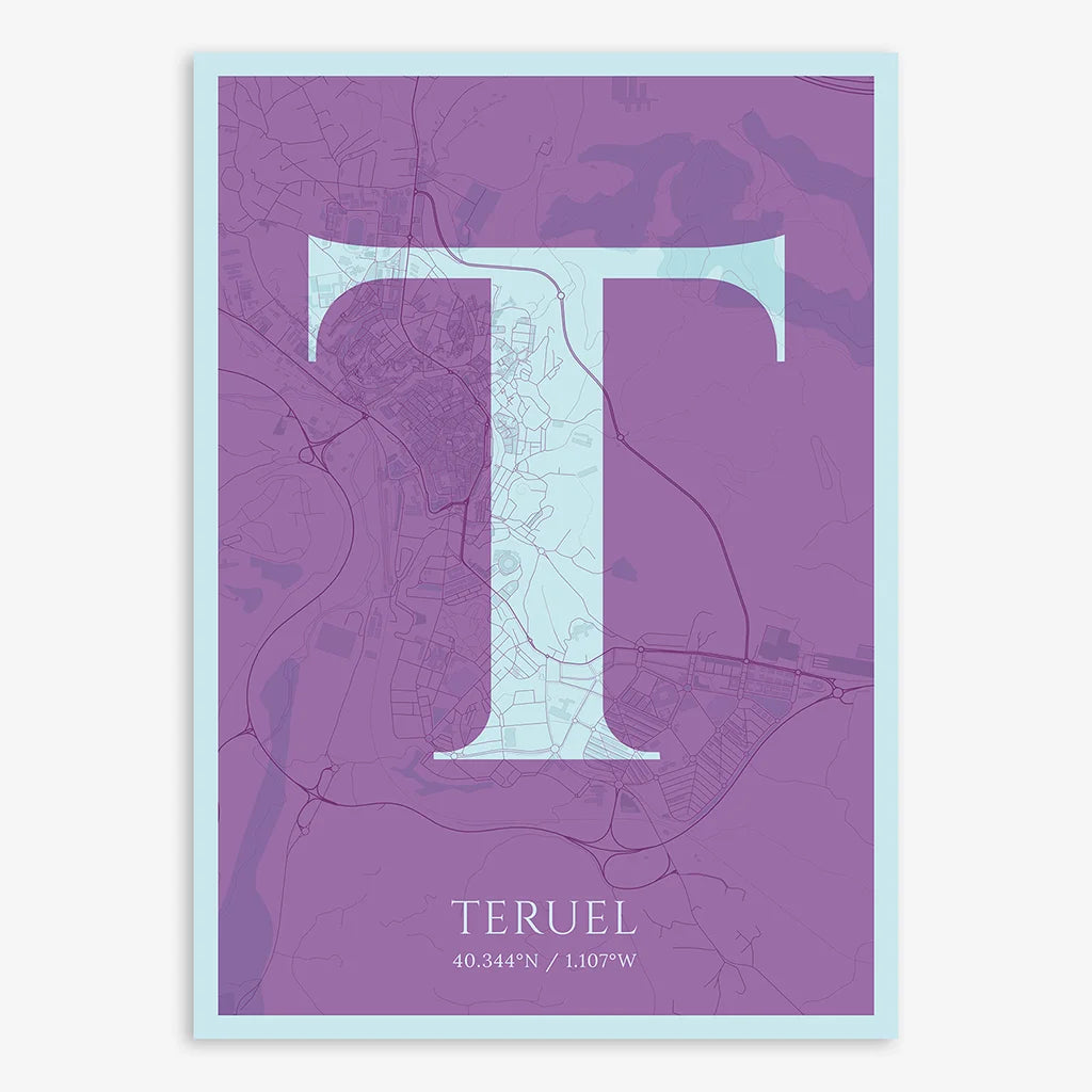 Decorative map of Teruel composed with letters in serif font printed on purple and light blue