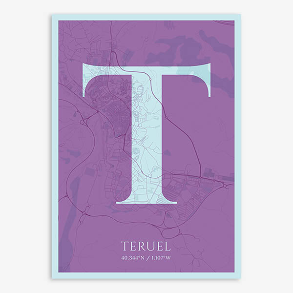 Decorative map of Teruel composed with letters in serif font printed on purple and light blue