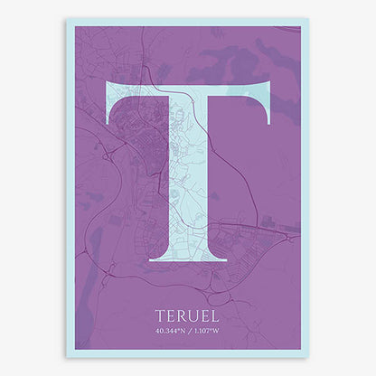 Decorative map of Teruel composed with letters in serif font printed on purple and light blue