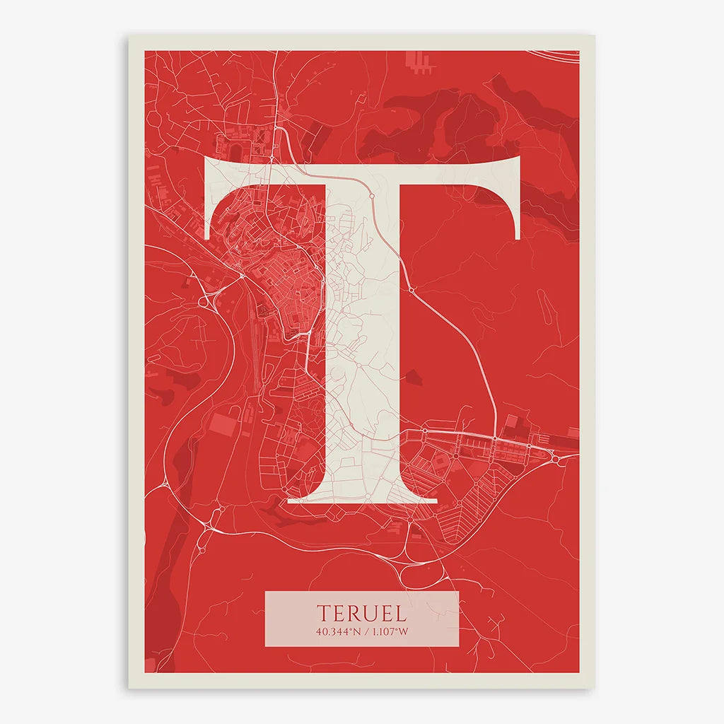 Decorative map of Teruel composed with letters in serif font printed on red and an off-white background