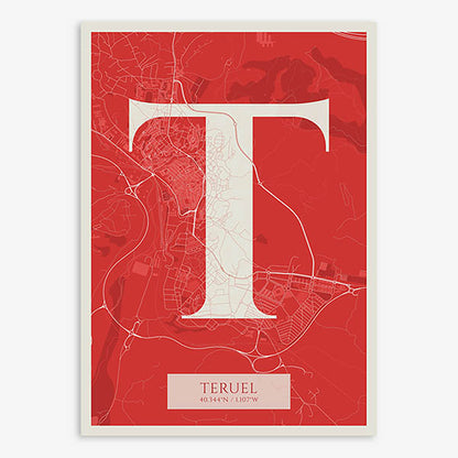 Decorative map of Teruel composed with letters in serif font printed on red and an off-white background