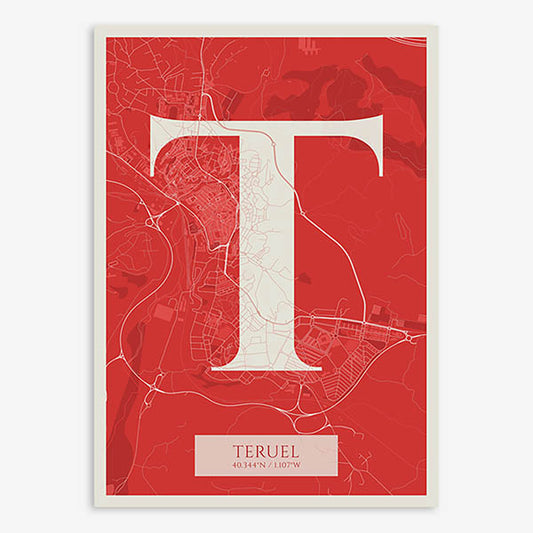 Decorative map of Teruel composed with letters in serif font printed on red and an off-white background