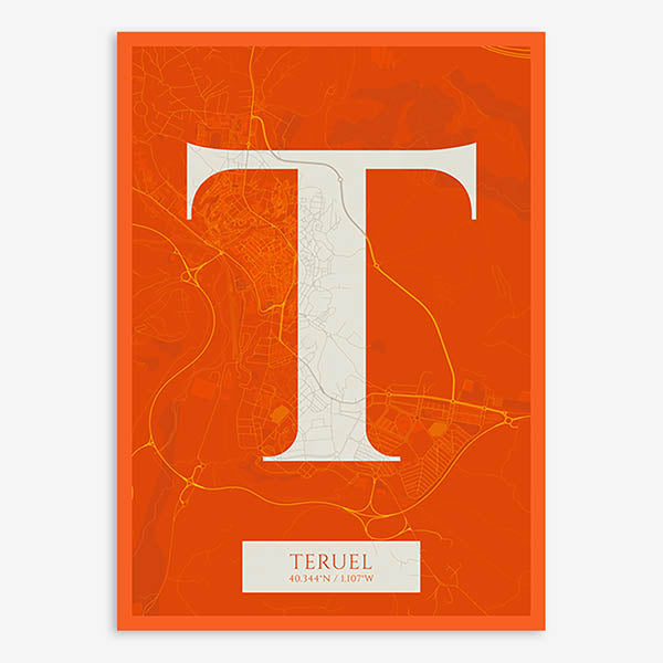 Decorative map of Teruel composed with letters in serif font printed on orange and an off-white background
