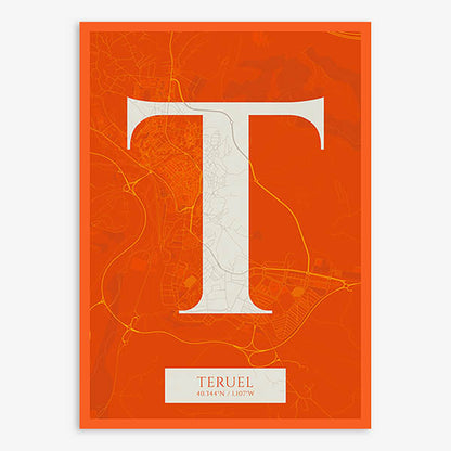 Decorative map of Teruel composed with letters in serif font printed on orange and an off-white background
