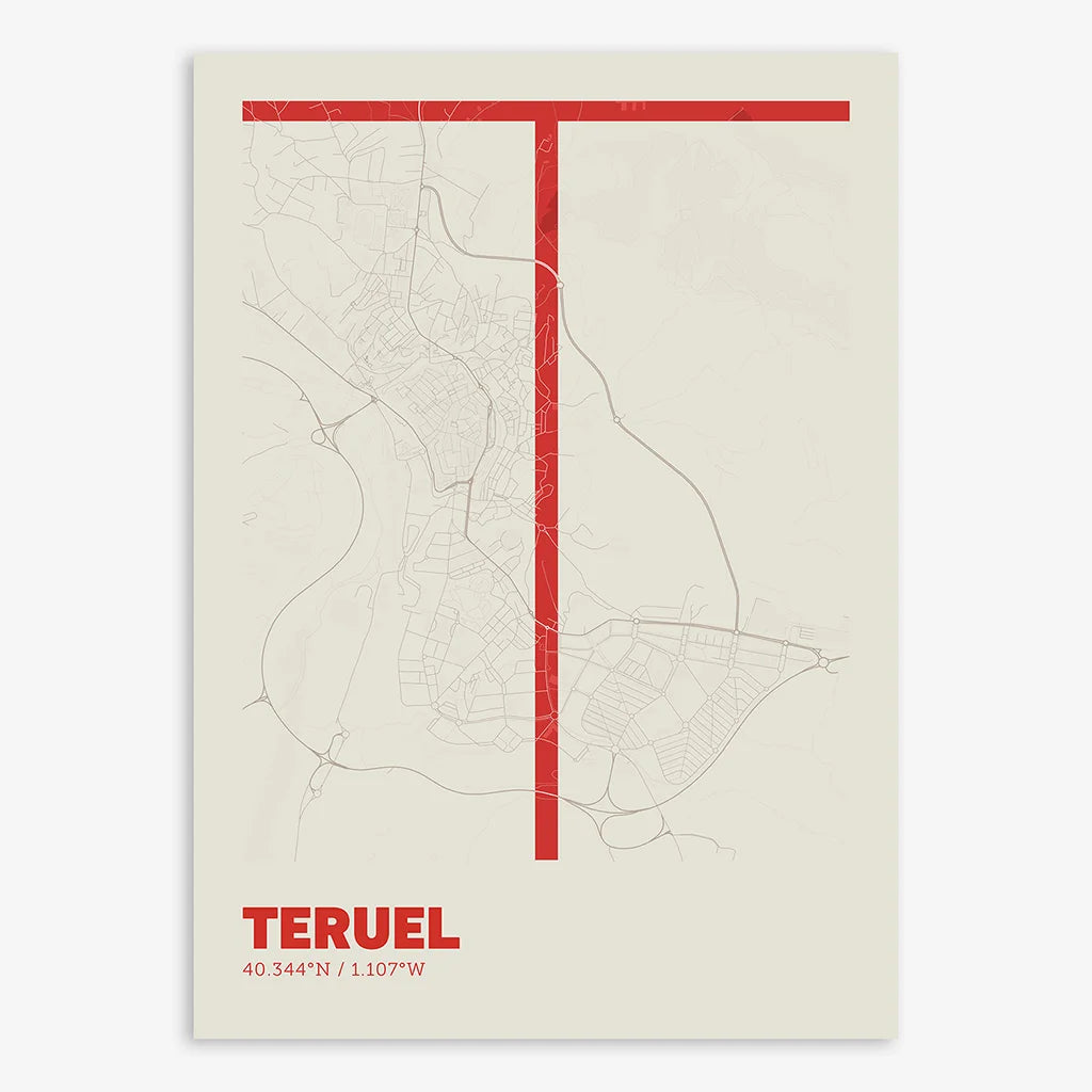 Poster of Teruel composed with letters in extra light font printed on red and an off-white background