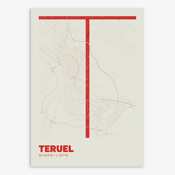 Poster of Teruel composed with letters in extra light font printed on red and an off-white background