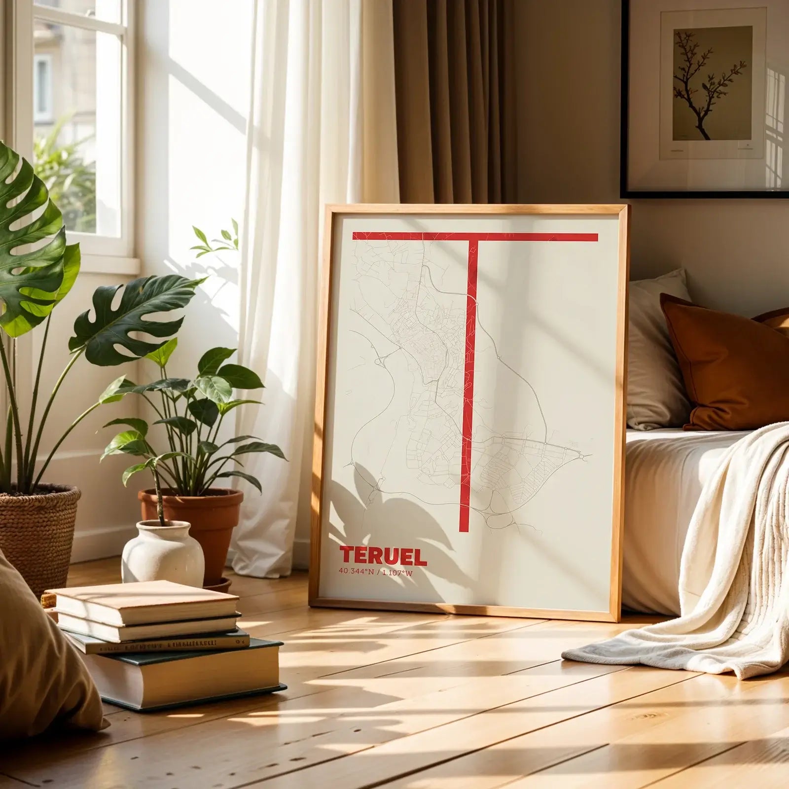 Modern interior design with a Teruel in Ultralight design, a minimalist aesthetic combining urban cartography with modern, extra-thin elegant lettering designed in red and an off-white background, displayed on a living room wall