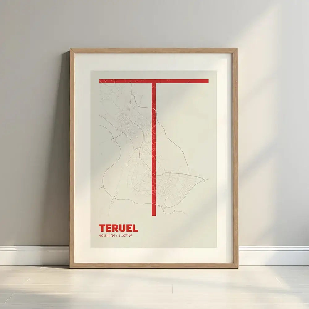 Framed Teruel in Ultralight design, a minimalist aesthetic combining urban cartography with modern, extra-thin elegant lettering designed in red and an off-white background with a white margin border in a warm lit minimalist setting