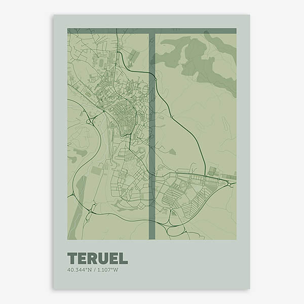 Poster of Teruel composed with letters in extra light font printed on two green tones