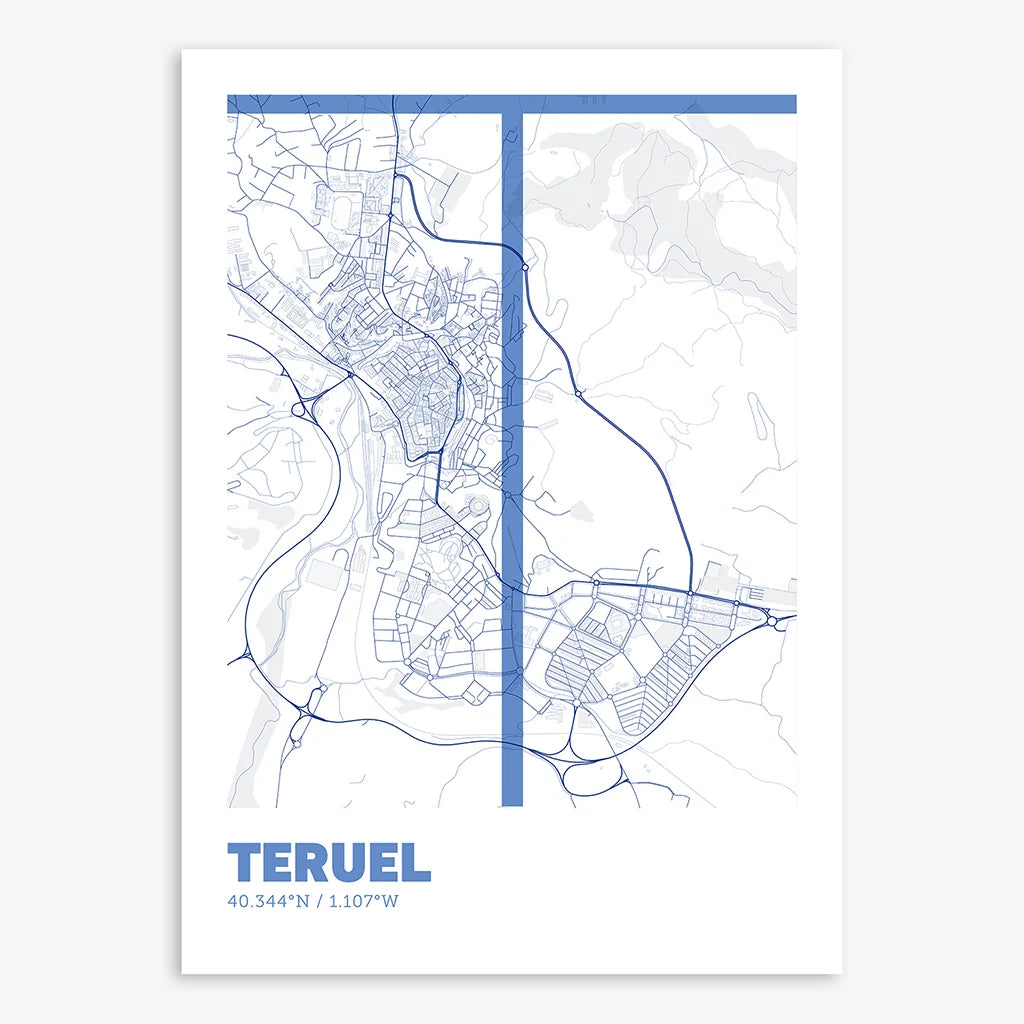 Poster of Teruel composed with letters in extra light font printed on navy blue and white