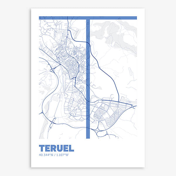 Poster of Teruel composed with letters in extra light font printed on navy blue and white