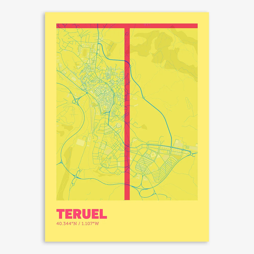 Poster of Teruel composed with letters in extra light font printed on yellow and fuchsia