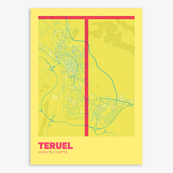 Poster of Teruel composed with letters in extra light font printed on yellow and fuchsia