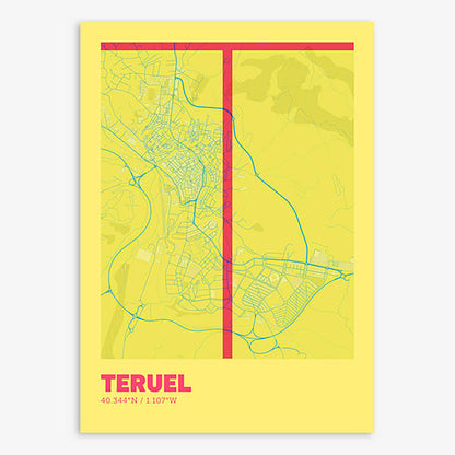 Poster of Teruel composed with letters in extra light font printed on yellow and fuchsia