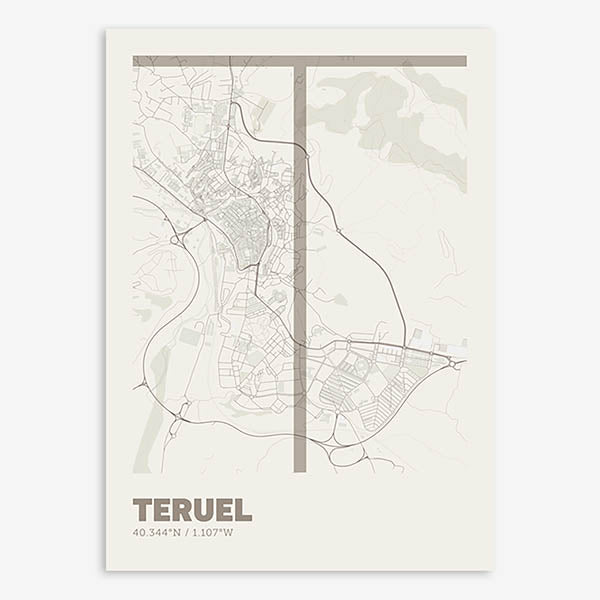 Poster of Teruel composed with letters in extra light font printed on light brown and an off-white background