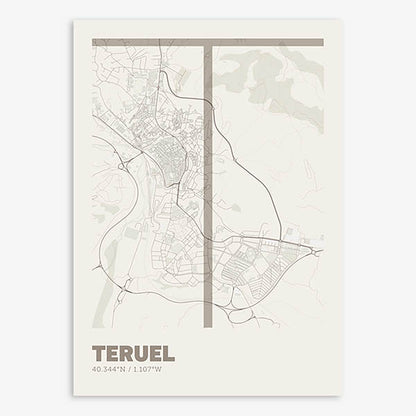 Poster of Teruel composed with letters in extra light font printed on light brown and an off-white background