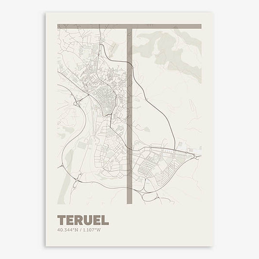 Poster of Teruel composed with letters in extra light font printed on light brown and an off-white background