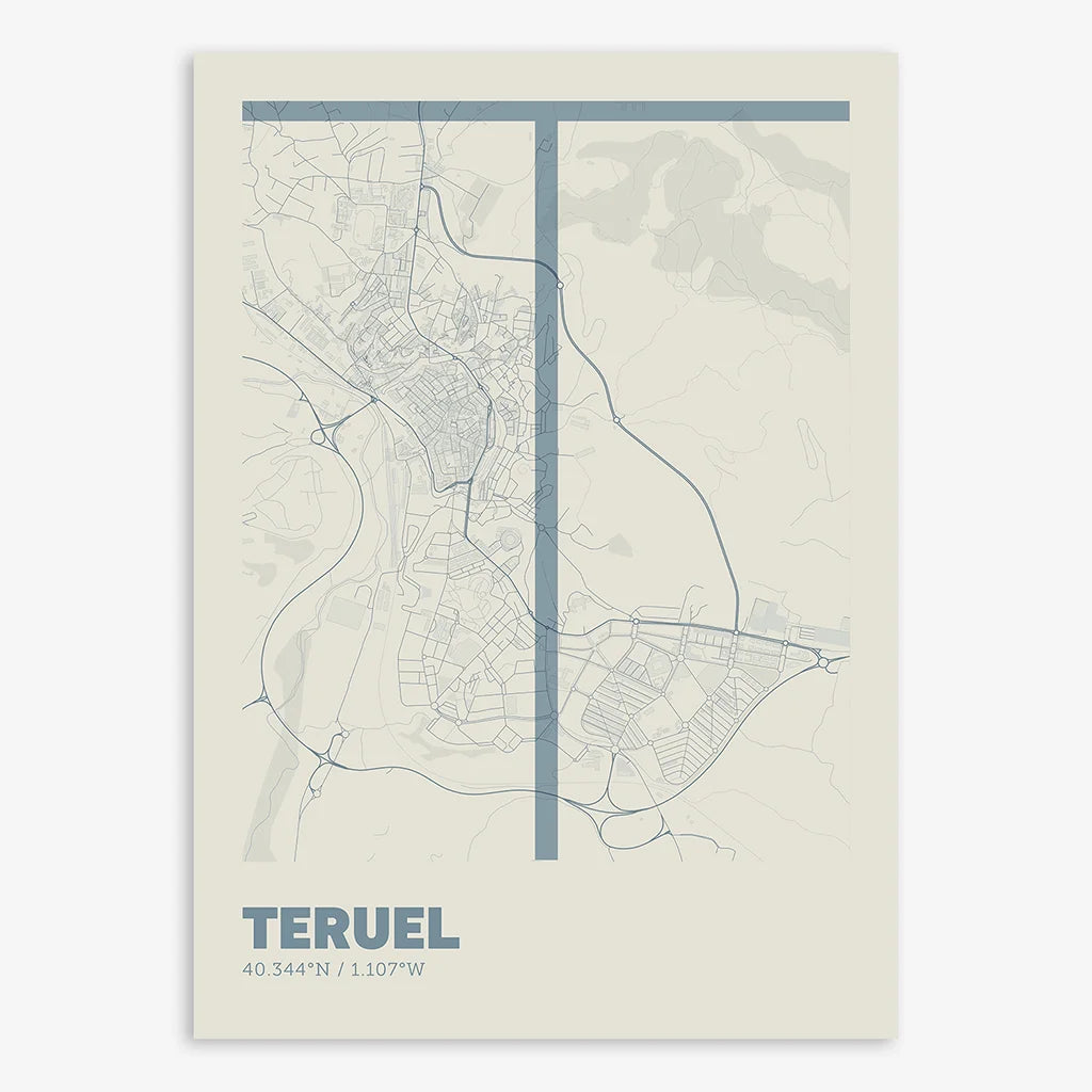 Poster of Teruel composed with letters in extra light font printed on bluish gray and an off-white background