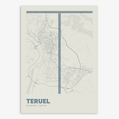 Poster of Teruel composed with letters in extra light font printed on bluish gray and an off-white background